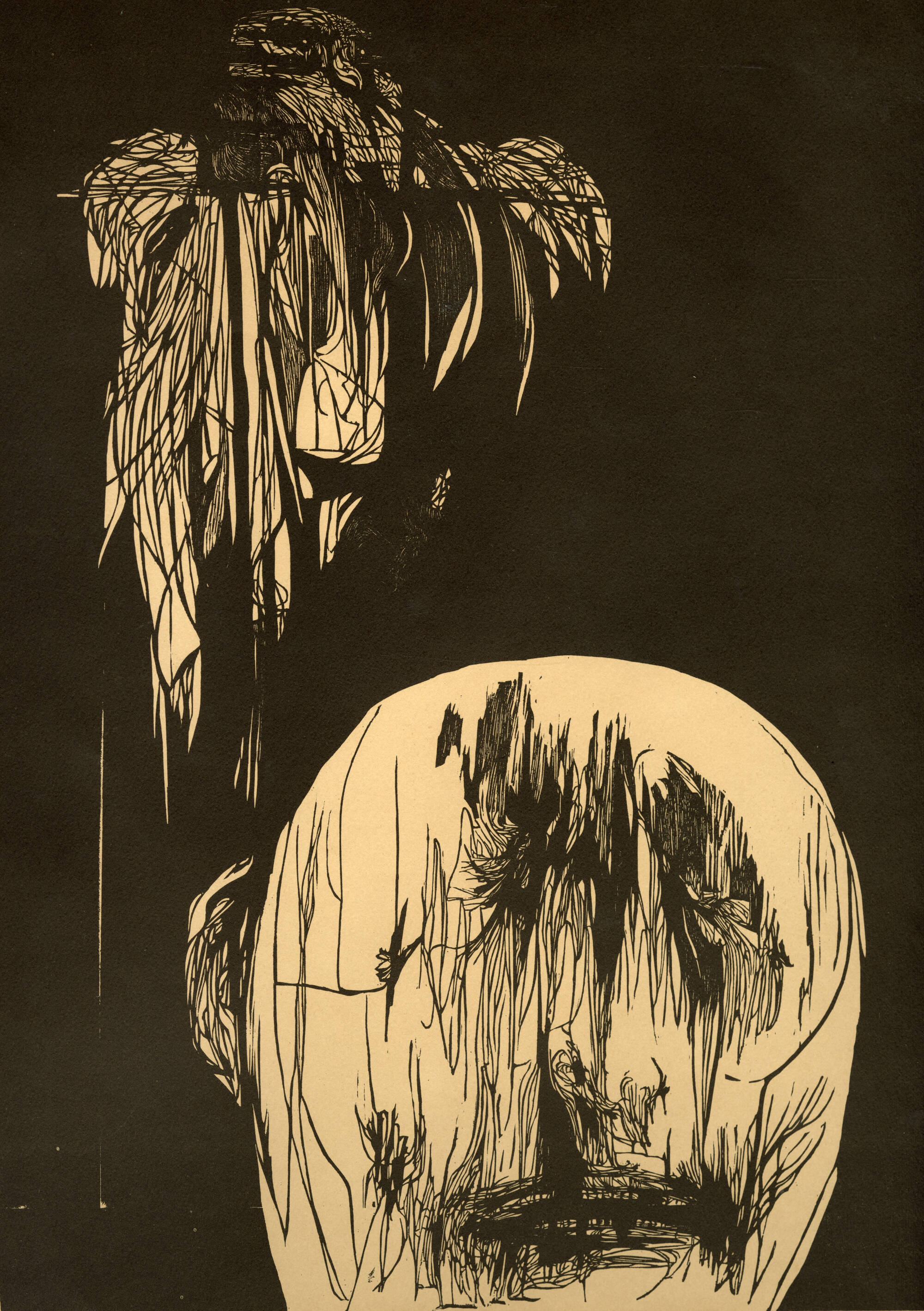 Print of a light-colored circular shape on the bottom right of the piece. The background of the print is black.